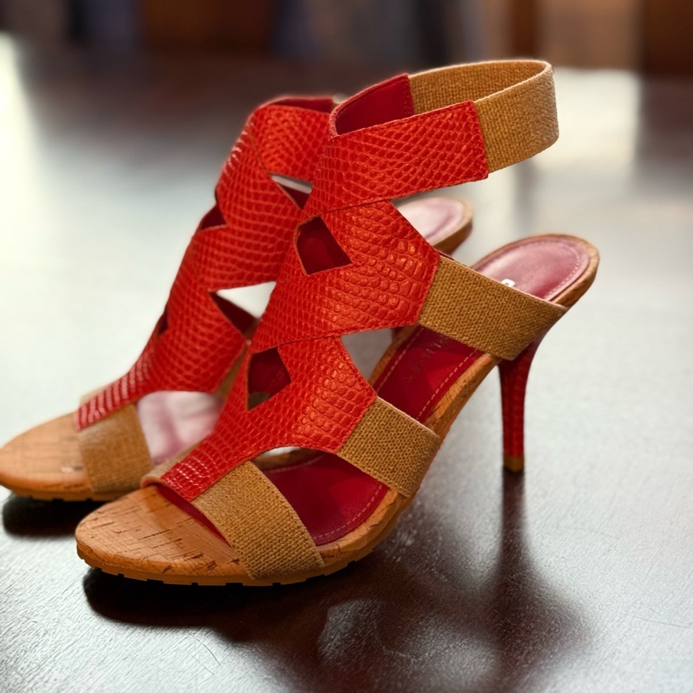 Donald Pliner orange and tan cork heels